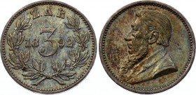 South Africa 3 Pence 1892 ZAR
KM# 3; Silver, AUNC. Nice toning. Remains of mint luster.