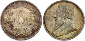 South Africa 6 Pence 1895 ZAR
KM# 4; Silver, AUNC. Nice toning. Remains of mint luster.