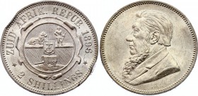 South Africa 2 Shillings 1896 ZAR
KM# 6; Silver, AU. Mint luster. Edge damage, otherwise rare condition for this coin.