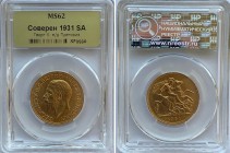 South Africa 1 Sovereign 1931 SA MS62
KM# 21; Gold (.917) 7.99g 22mm; George V, UNC.