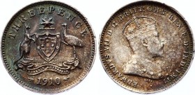 Australia 3 Pence 1910
KM# 18; Edward VII. Silver, AUNC, nice toning, mint luster. Rare in this condition.
