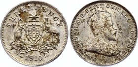 Australia 3 Pence 1910
KM# 18; Edward VII. Silver, AUNC, nice toning, mint luster. Rare in this condition.