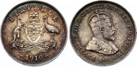 Australia 6 Pence 1910
KM# 19; Edward VII. Silver, AUNC, nice toning, mint luster. Rare in this condition.