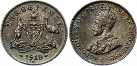 Australia 3 Pence 1918 M
KM# 24; George V. Silver, UNC, nice toning, mint luster. Rare in this condition.
