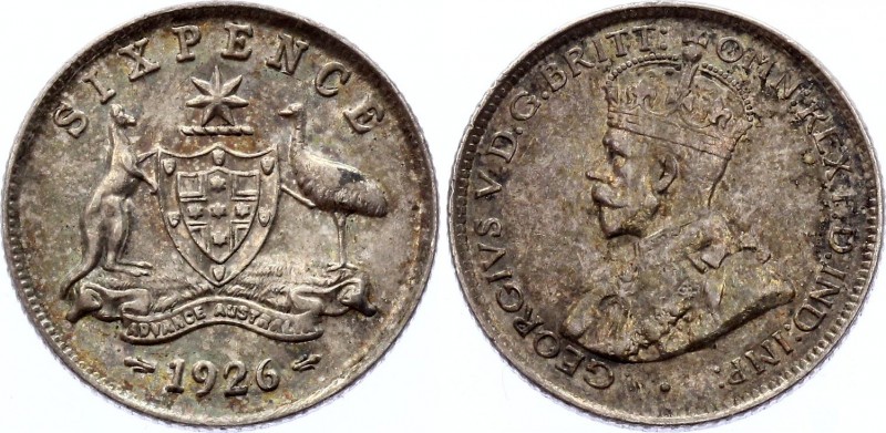 Australia 6 Pence 1926
KM# 25; George V. Silver, AUNC, nice toning, mint luster...
