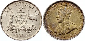 Australia 1 Shilling 1914
KM# 26; George V. Silver, UNC-, nice toning, mint luster. Rare in this condition.