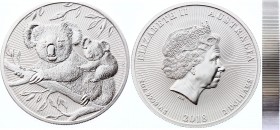Australia 2 Dollars 2018 Piedfort
Silver (.999) 62.20g 40.6mm; Koala - Mother & Baby