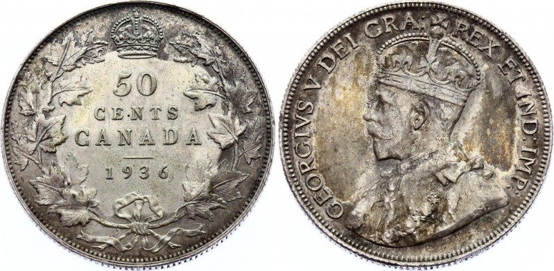 Canada 50 Cents 1936
KM# 25a; George V. Silver, XF+, toning.