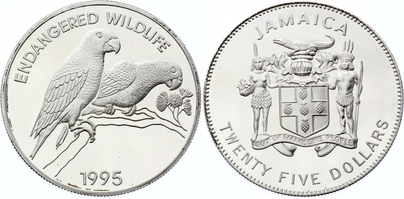 Jamaica 25 Dollars 1995
KM# 174; Silver Proof; Endangered Wildlife - Two Parrot...