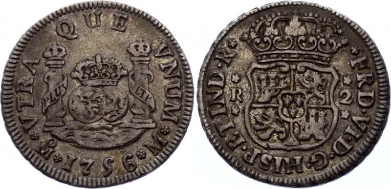 Mexico 2 Reales 1756 Mo M
KM# 86.1; Not common date. Silver, VF.