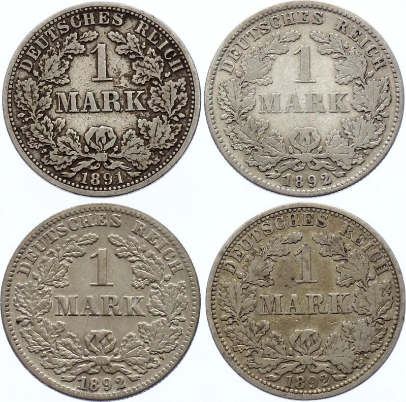 Germany - Empire Lot of 4 Coins 1 Mark 1891 - 1892 A D F
KM# 14; Silver; Variou...