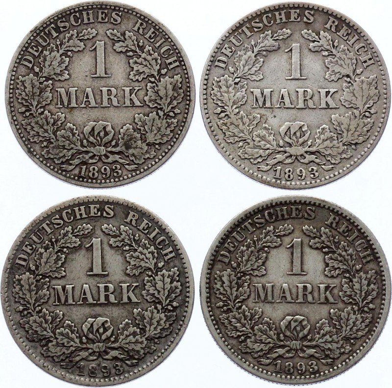 Germany - Empire Lot of 4 Coins 1 Mark 1893 A D F G
KM# 14; Silver; Various Min...