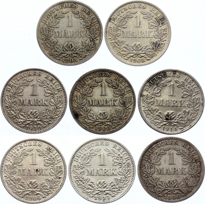 Germany - Empire Lot of 8 Coins 1 Mark 1900 - 1914
KM# 14; Silver; Various Mint...