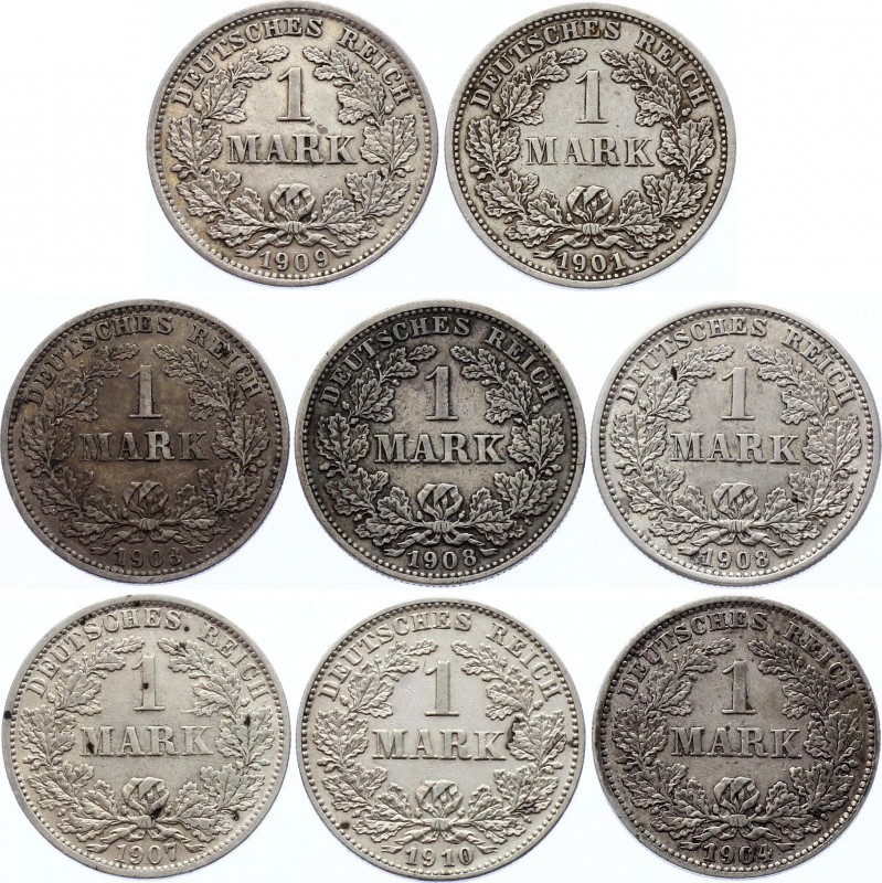 Germany - Empire Lot of 8 Coins 1 Mark 1901 - 1910
KM# 14; Silver; Various Mint...