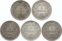 Germany - Empire Lot of 5 Coins 1 Mark 1902 A D E G J
KM# 14; Silver; Various Mintmarks
