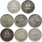 Germany - Empire Lot of 8 Coins 1 Mark 1905 - 1914
KM# 14; Silver; Various Mintmarks & Conditions
