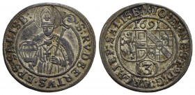 AUSTRIA-SALISBURGO - Johann Ernst di Thun Hohenstein (1687-1709) - 3 Kreuzer - 1691 - Stemma - R/ San Ruperto - AG Kr. 249
qFDC