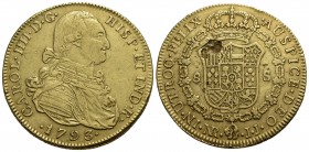 COLOMBIA - Carlo IV (1788-1808) - 8 Escudos - 1793 NR JJ - AU Kr. 62.1 Difetto di conio al R/
BB-SPL