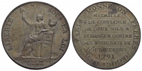 FRANCIA - Luigi XVI (1774-1792) - 2 Sols - 1791 - CU Kr. Tn23 Moneta di confiance, fratelli Monneron Rara in questa conservazione
FDC
