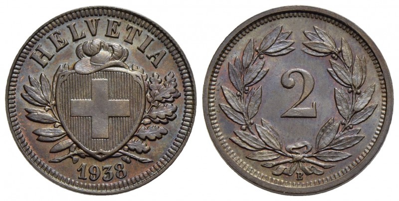 SVIZZERA - Confederazione - 2 Rappen - 1938 B - BR Kr. 4.2a Eccezionale - Patina...