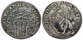 BOLOGNA - Alessandro VII (1655-1667) - Lira - 1656 - Stemma a targa oblunga - R/ Leone rampante a s. contro stemma - (AG g. 6,23) RR CNI 37; Munt. 63b...