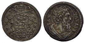 ROMA - Innocenzo XI (1676-1689) - Mezzo grosso - Stemma poligonale - R/ Busto del Santo a d. con nimbo - (AG g. 0,78) R CNI 221; Munt. 189 Patinata
q...