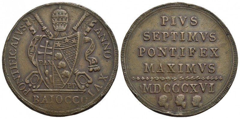 ROMA - Pio VII (1800-1823) - Baiocco - 1816 A. XVI - (CU g. 11,74) RR Pag. 111b;...