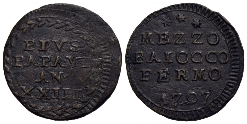 FERMO - Pio VI (1775-1799) - Mezzo baiocco - 1797 A. XXIII - CU R CNI 26; Munt. ...