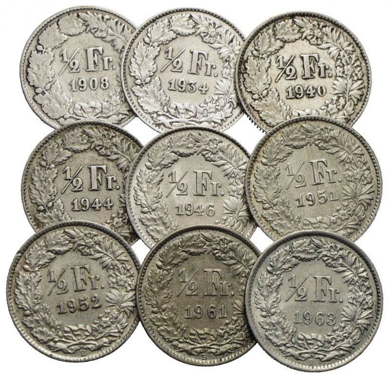 Estere - SVIZZERA - 1/2 Franco tutti anni diversi - Lotto di 9 monete in Ag.
BB...