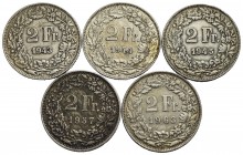Estere - SVIZZERA - 2 Franchi tutti anni diversi - Lotto di 5 monete in Ag.
MB÷qFDC