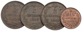Savoia - Umberto I (1878-1900) - 2 Centesimi - 1897-8-900, assieme a c. 1895 - Lotto di 4 monete
SPL÷FDC