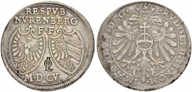 DEUTSCHLAND
Sammlung von Münzen und Medaillen der Stadt Nürnberg aus altem Privatbeitz
Losungsgulden 1605. 23.72 g. Kellner 416. Imhof 632/3.Slg. Er...