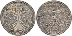DEUTSCHLAND
Sammlung von Münzen und Medaillen der Stadt Nürnberg aus altem Privatbeitz
Reichsguldiner 1611. 24.44 g. Kellner 149. Slg. Erlanger 260....