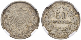 DEUTSCHLAND AB 1871
Kleinmünzen des Kaiserreichs
50 Pfennig 1902 F, Stuttgart. J. 15. NGC AU 58. Fast vorzüglich / About extremely fine.