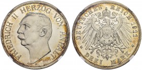 DEUTSCHLAND AB 1871
Anhalt, Herzogtum
Friedrich II. 1904-1914. 3 Mark 1911 A, Berlin. J. 23. NGC PF 62 Cameo. Polierte Platte. FDC. / Choice Proof.