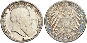 DEUTSCHLAND AB 1871
Baden, Grossherzogtum
Friedrich I. 1852-1907. 2 Mark 1906 G, Karlsruhe. 11.11 g. J. 32. NGC PF 63. Min. berührt / Some hairlines...