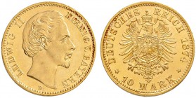 DEUTSCHLAND AB 1871
Bayern, Königreich
Ludwig II. 1864-1886. 10 Mark 1874 D, München. 3.98 g. J. 196. Fr. 3766. Prachtvolle Erhaltung / Magnificent ...