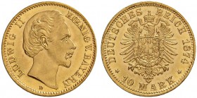 DEUTSCHLAND AB 1871
Bayern, Königreich
Ludwig II. 1864-1886. 10 Mark 1874 D, München. 3.98 g. J. 196. Fr. 3766. Prägebedingte Randunebenheiten / Min...