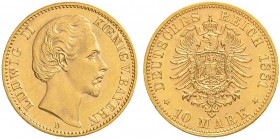 DEUTSCHLAND AB 1871
Bayern, Königreich
Ludwig II. 1864-1886. 10 Mark 1881 D, München. 3.96 g. J. 196. Fr. 3766. Prachtvolle Erhaltung / Magnificent ...