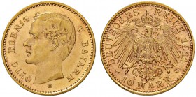 DEUTSCHLAND AB 1871
Bayern, Königreich
Otto, 1886-1913. 10 Mark 1911 D, München. 3.98 g. J. 201. Fr. 3771. Seltener Jahrgang / Rare date. Fast FDC /...