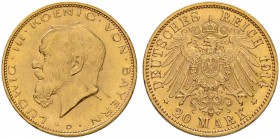 DEUTSCHLAND AB 1871
Bayern, Königreich
Ludwig III. 1913-1918. 20 Mark 1914 D, München. 7.95 g. J. 200. Fr. 3768. Selten / Rare. Vorzüglich-FDC / Ext...