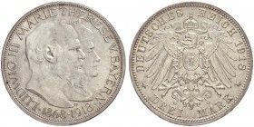 DEUTSCHLAND AB 1871
Bayern, Königreich
Ludwig III. 1913-1918. 3 Mark 1918 D, München. Auf die Goldene Hochzeit des bayerischen Königspaares. 16.55 g...