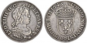 FRANKREICH
Königreich
Louis XIV. 1643-1715. Quart d'ecu à la mèche courte 1645 D, Lyon. 6.72 g. Duplessy 1463. Selten / Rare. Kleiner Kratzer auf Vo...