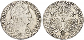 FRANKREICH
Königreich
Louis XIV. 1643-1715. 1/2 Ecu au trois couronnes 1712 Z, Grenoble. 15.00 g. Gadoury 199. KM 382.22. Sehr selten. Nur 3'754 Exe...