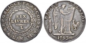 FRANKREICH
Königreich
Convention, 1793-1795. Ecu de 6 livres 1793 L, Bayonne. 29.14 g. Gadoury 58. Sehr schön / Very fine.