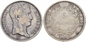 FRANKREICH
Königreich
I. Kaiserreich. Napoleon I. 1804-1815. 5 Francs 1807 A, Paris. 24.74 g. Gadoury 582. Dav. 83. Selten / Rare. Sehr schön / Very...
