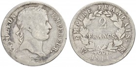 FRANKREICH
Königreich
I. Kaiserreich. Napoleon I. 1804-1815. 2 Francs 1811 MA, Marseille. 9.63 g. Gadoury 501. Sehr selten / Very rare. Schön / Fine...