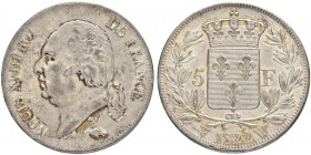 FRANKREICH
Königreich
Louis XVIII. 1814-1824. 5 Francs 1822 W, Lille. 24.97 g. Gadoury 614. Dav. 87. Minimale Kratzer / Minimal scratches. Gutes vor...