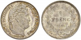 FRANKREICH
Königreich
Louis Philippe, 1830-1848. 1 Franc 1848 A, Paris. 9.98 g. Gadoury 453. Fast FDC / About uncirculated.