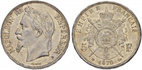 FRANKREICH
Königreich
II. Kaiserreich. Napoleon III. 1852-1870. 5 Francs 1870 BB, Strasbourg. 24.98 g. Gadoury 739. Fast FDC / About uncirculated.